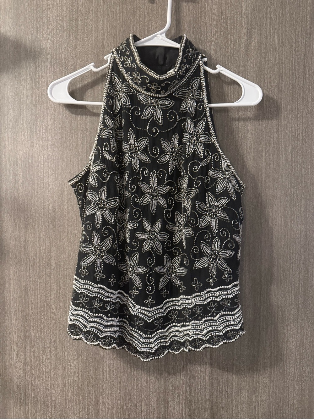 Papell Boutique Black Beaded Halter Camisole with Silver Embellishment